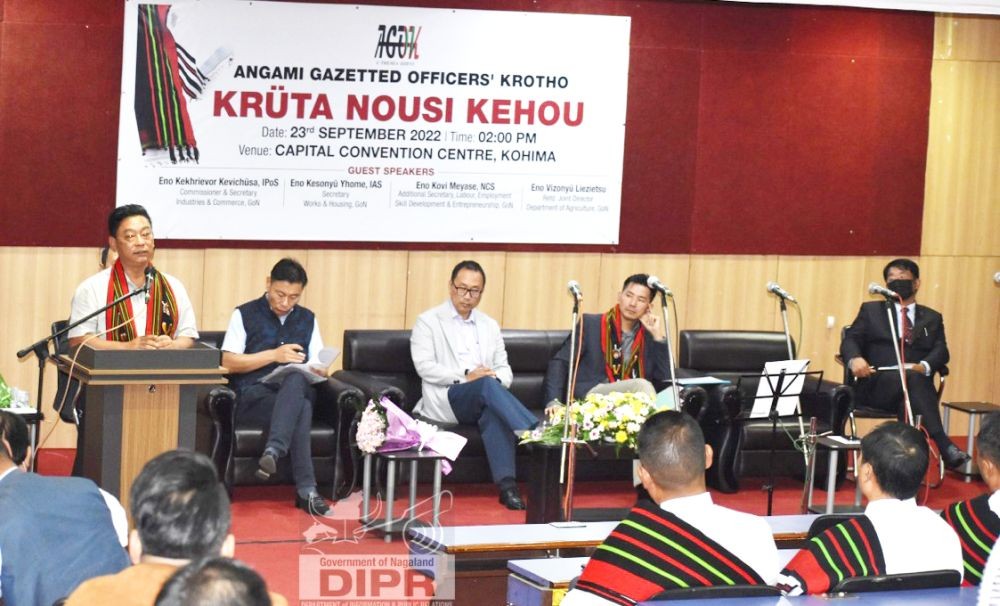 Kovi Meyase addressing the Angami Gazetted Officers’ Krotho’s Krüta Nousi Kehou at Capital Convention Centre on September 23. (DIPR Photo)